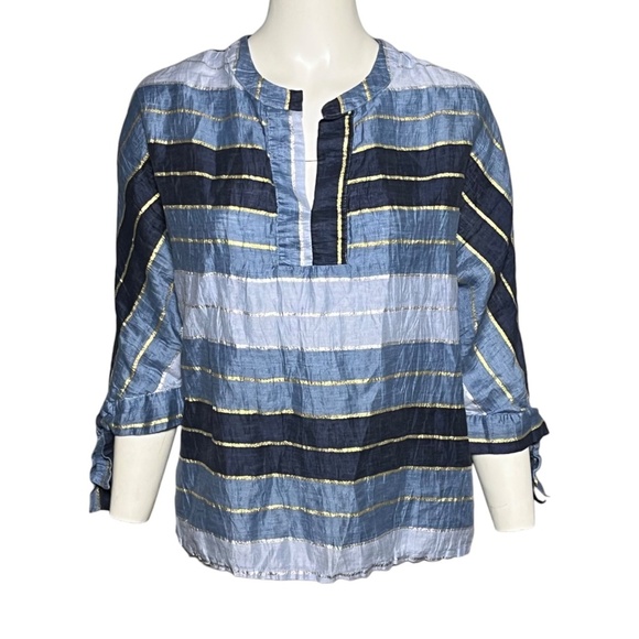 Vilagallo Blue Metallic Linen Blend Top Made In Portugal Blouse Size 42, US M/8 - Picture 2 of 9